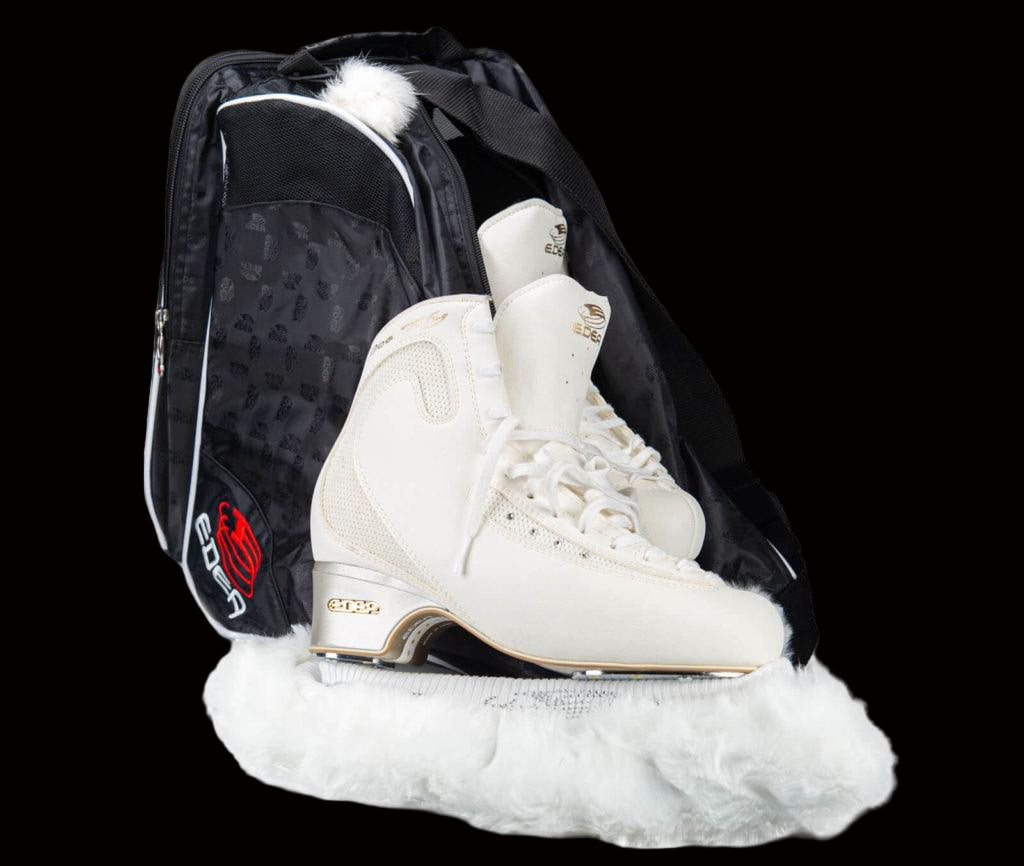 Edea Eco Fur Blade Covers with synthetic mink and rhinestone logo, protecting ice skate blades.