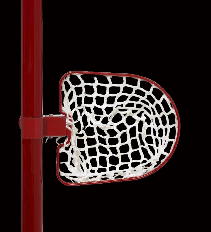 A red and white metal shooting target with a net