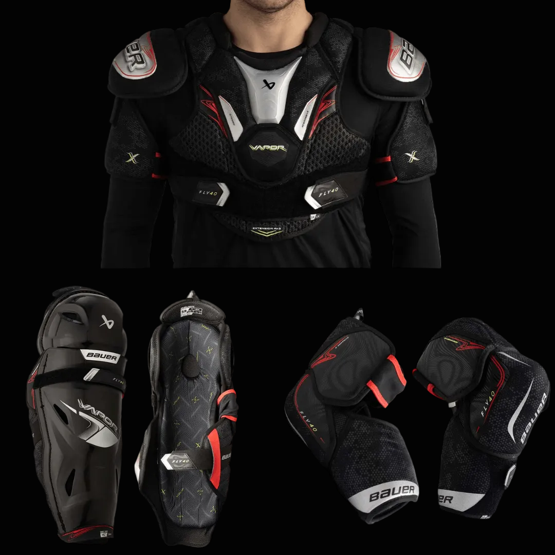 Bauer Fly40 Hockey protective gear set including shoulder pads, elbow pads, and knee pads