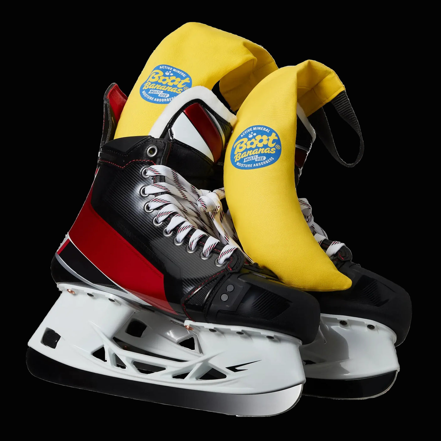 Boot Bananas Active Mineral Moisture Absorbers drying ice skates.