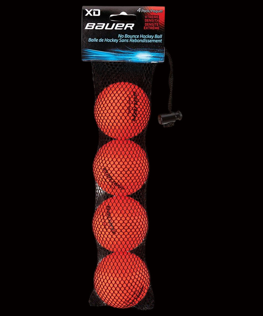Bauer XD Xtreme Density No Bounce Hockey Balls 4 pack in mesh bag.