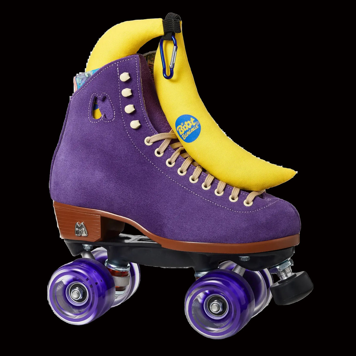 Boot Bananas shoe deodoriser inside purple roller skate, yellow banana-shaped design with carabiner clip, freshens and neutralizes odors.