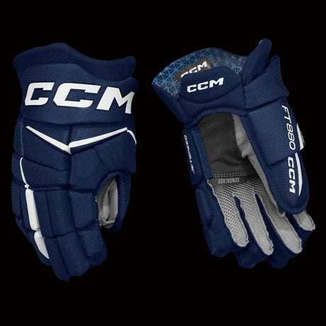 CCM JetSpeed FT880 hockey gloves in navy detailed view of palm and finger construction