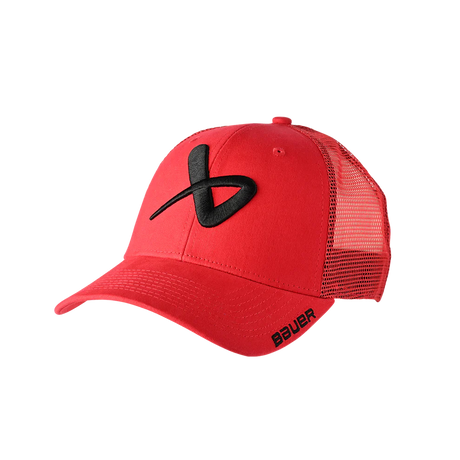 Bauer Core Adjustable SnapBack red cap with logo and mesh back.