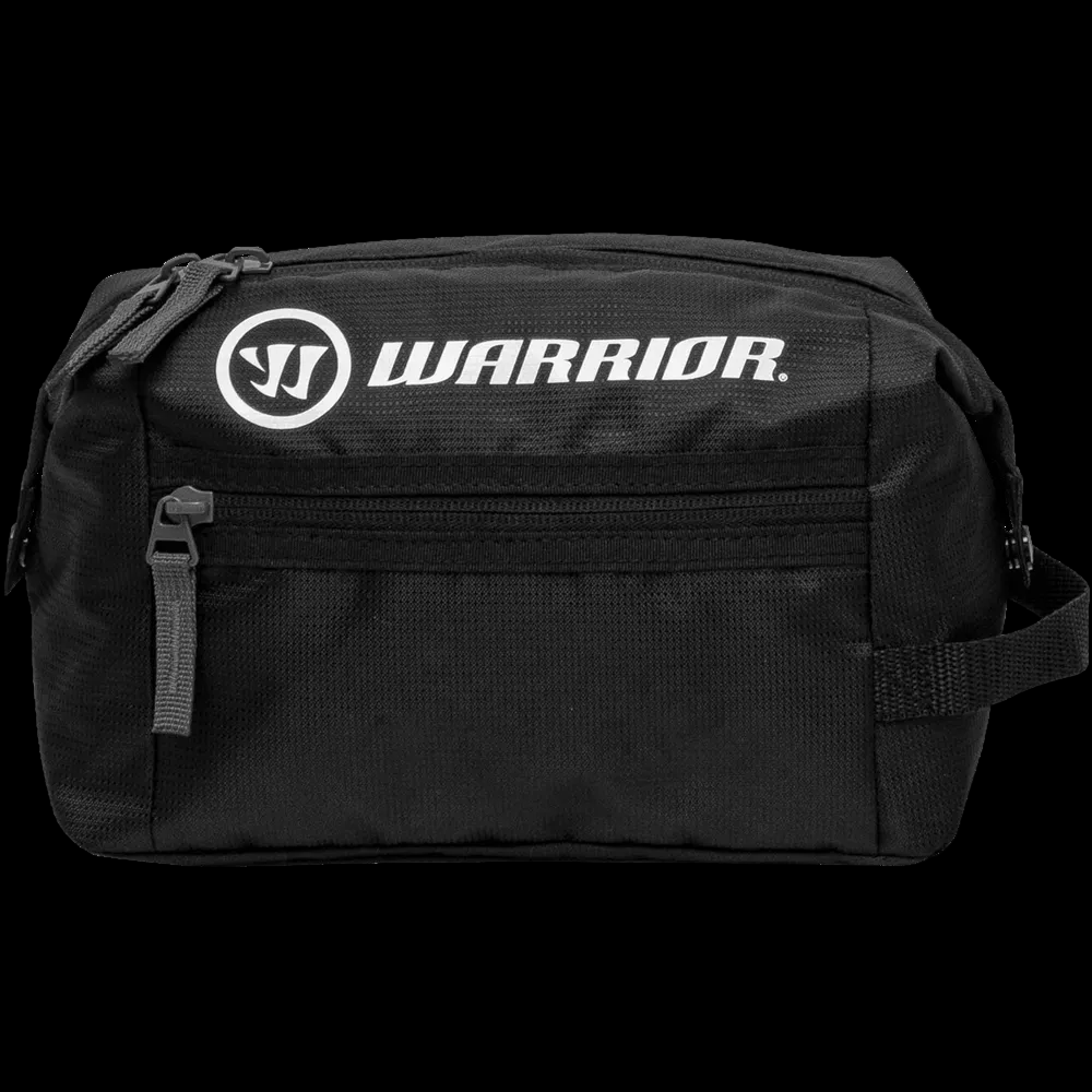 Black Warrior toiletry bag with a zippered front pocket and a grab handle, featuring the Warrior logo on the front.