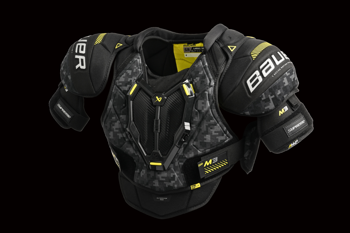 Bauer Supreme M3 shoulder pads with full-coverage cap and adjustable protection for mobility and safety on ice.