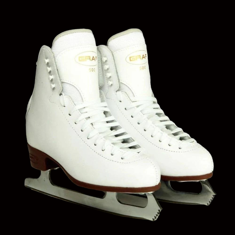 White Graf 500 ice skates with brown soles