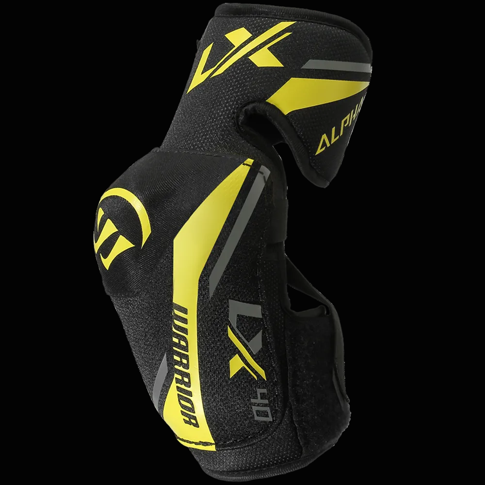 A black, yellow, and gray Warrior elbow pad with a prominent yellow Alpha LX logo.