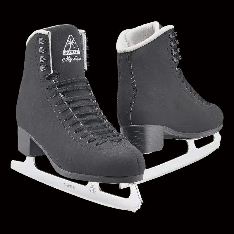 A pair of black Jackson Mystique JS1490 figure skates with a stylized PVC outsole and an Ultima Mark II blade.