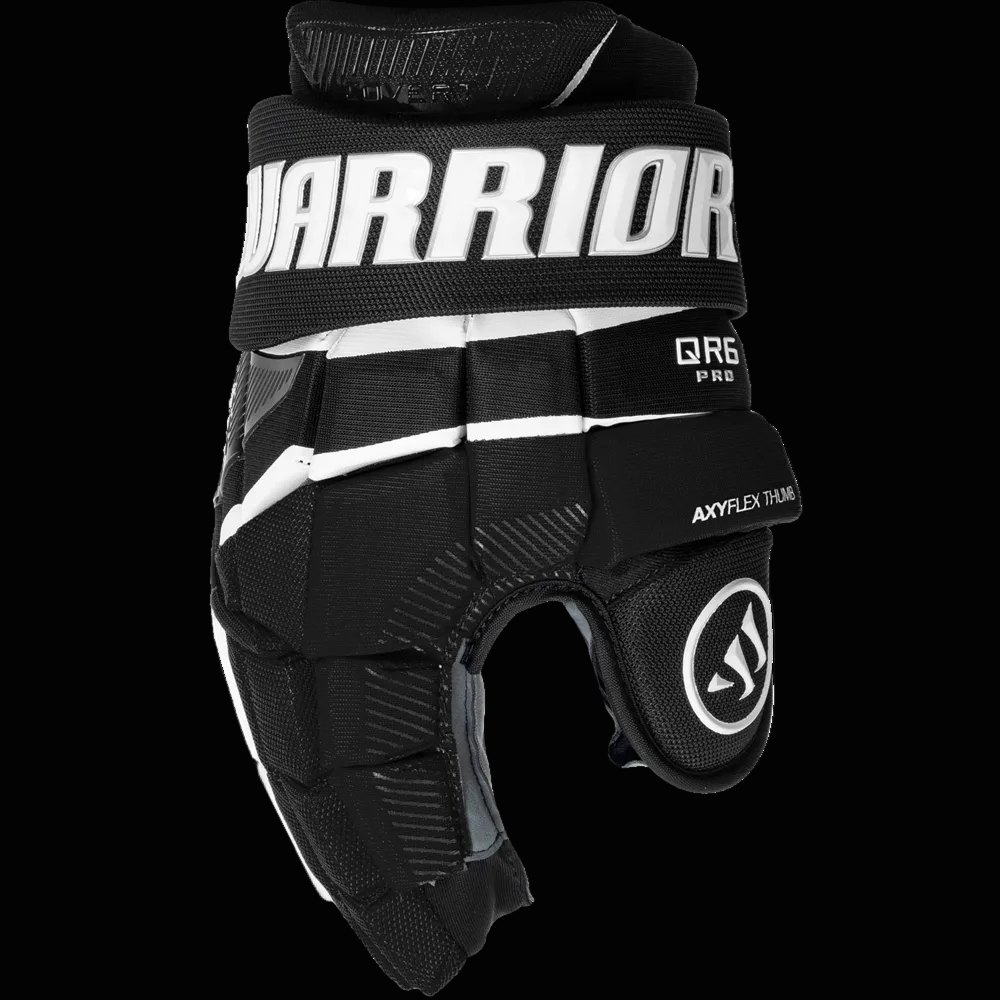 A black Warrior Covert QR6 PRO hockey glove designed for youth players.