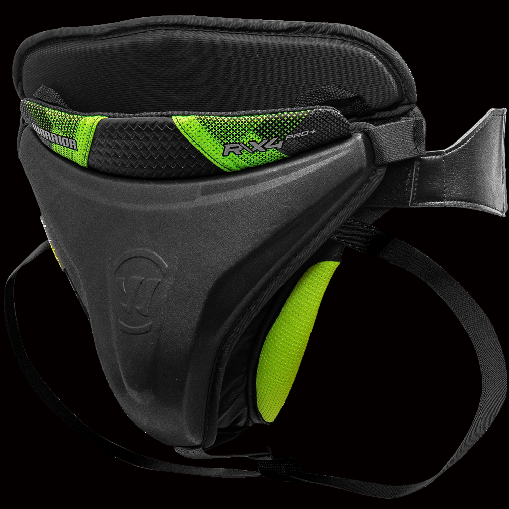 A black and green Warrior Ritual X4 PRO+ Goalie Jock with ergonomic abdomen pad and adjustable straps.