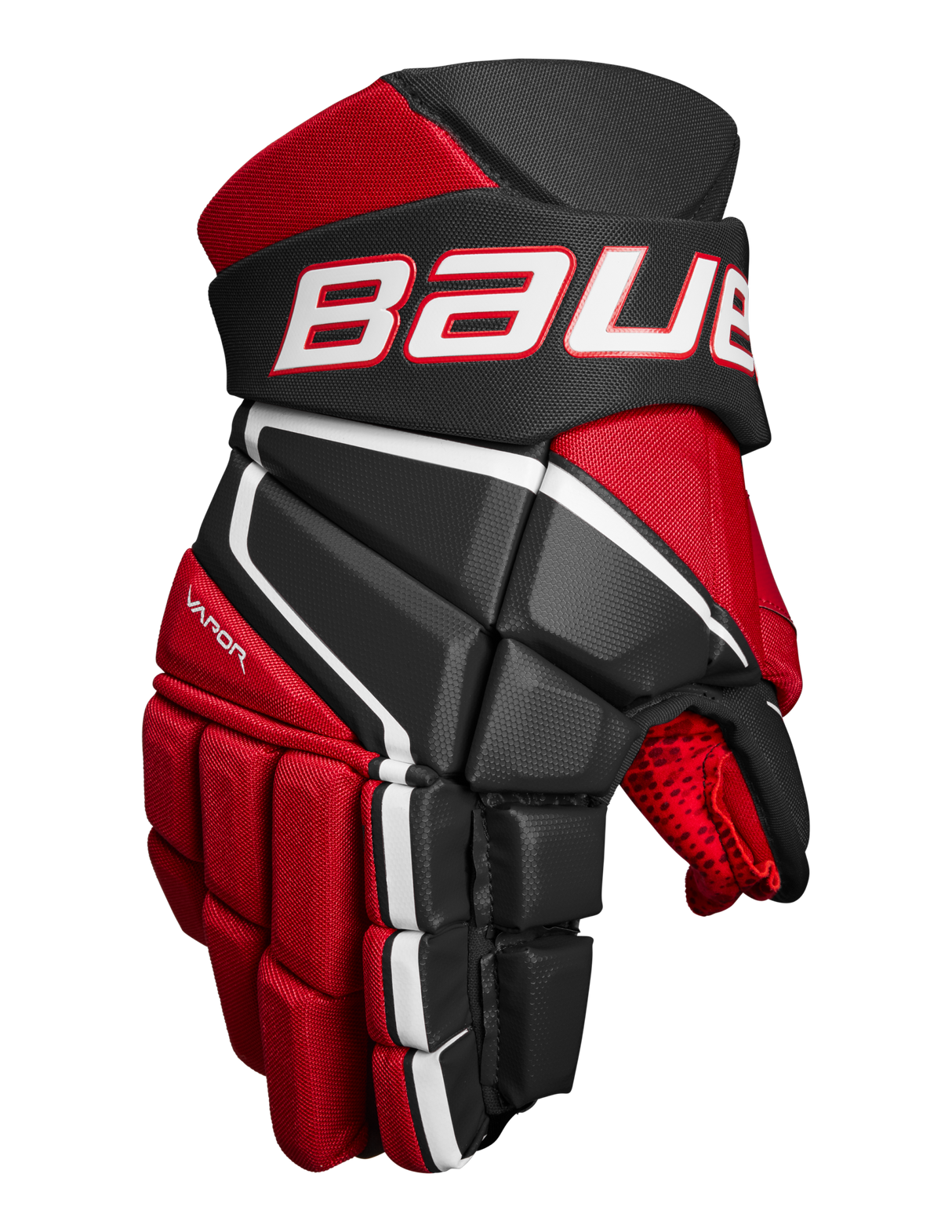 Bauer Vapor 3X Hockey Glove in red and black, flexible and lightweight design.