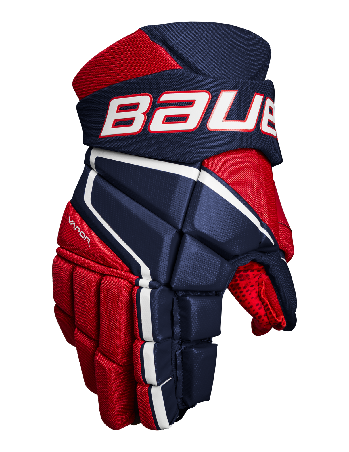 Bauer Vapor 3X Hockey Glove in red and navy, featuring a flexible feel and lightweight protection.