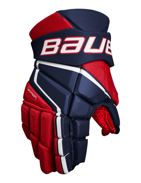 Bauer Vapor 3X Hockey Glove in red and navy, featuring a flexible feel and lightweight protection.