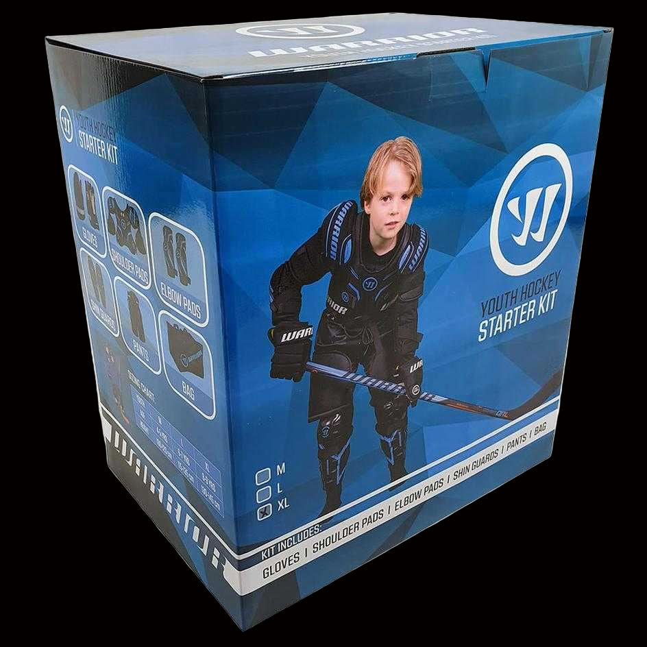 Warrior Youth Hockey Starter Kit packaging with gloves, shoulder pads, elbow pads, shin guards, pants, and carry bag for ages 4-9.