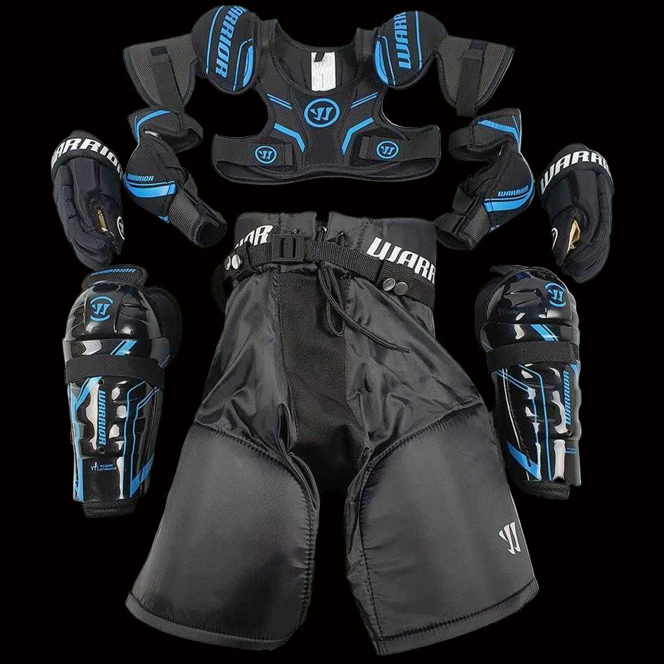Warrior Youth Hockey Starter Kit with gloves, shoulder pads, elbow pads, shin guards, pants, and carry bag for ages 4-9, height 100-145cm.