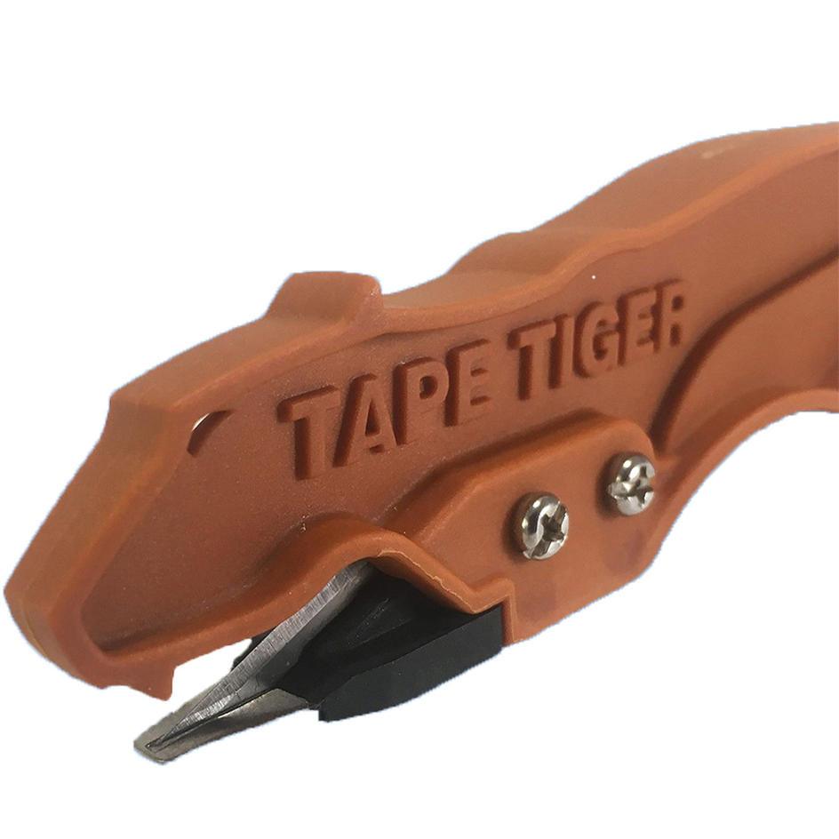 Tape Tiger Pro tool with cutting system and stainless steel tip for removing sticky tape.