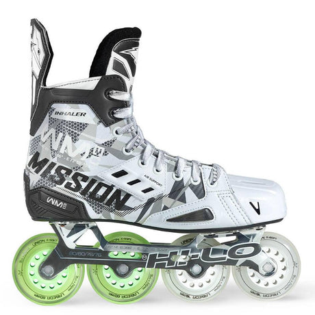 Mission Inhaler WM03 Inline Hockey Skates with high-performance features and asymmetrical toe cap.