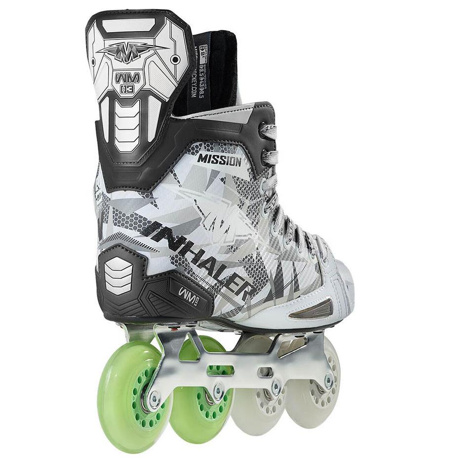 Mission Inhaler WM03 Inline Hockey Skates with Asymmetrical Toe Cap and Hi-Lo chassis.