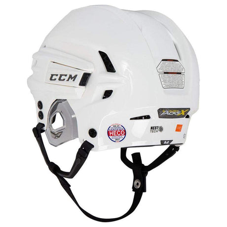 CCM Super Tacks X Hockey Helmet with NEST Tech, white, side view.