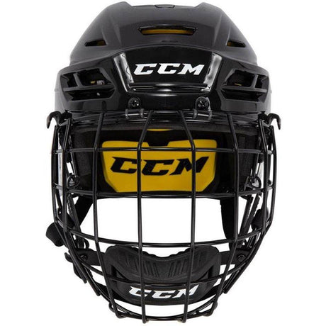 CCM 210 Helmet/Combo with cage, black, front view.