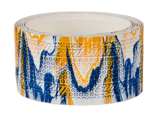 Lizard Skins Grip Tape for hockey, 0.5 mm thick, Dura Soft Polymer, roll with blue and yellow pattern.