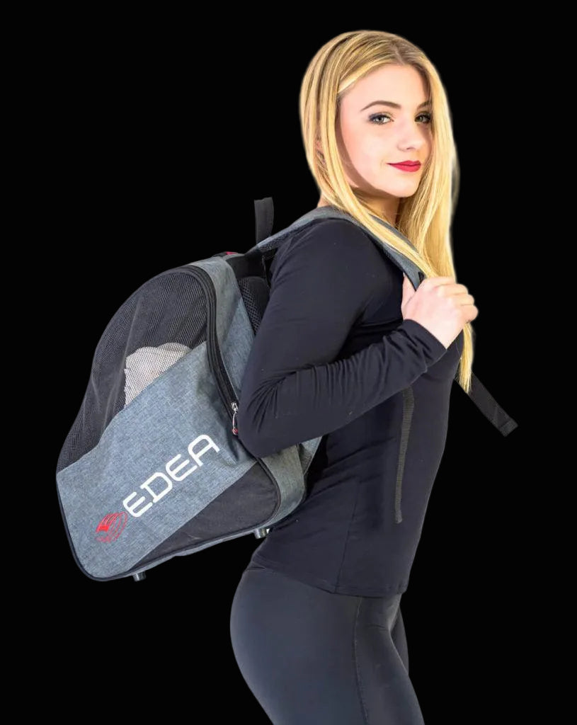 Edea Libra Skate Backpack with USB charging port and vented pockets on model.