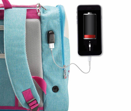 Edea Libra Skate Backpack with built-in USB charging port and phone display.