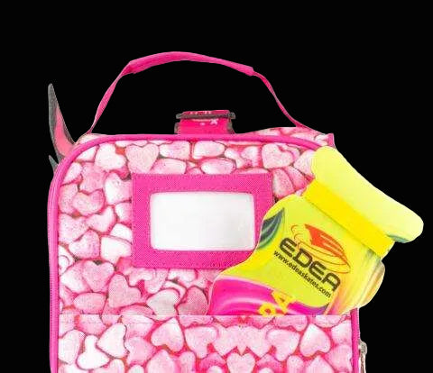 Edea Kitten Skate Bag with heart pattern and colorful Edea accessory.