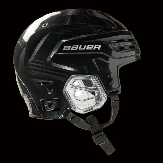 Bauer Re-Akt 85 Helmet in black with chin strap and hexagonal ventilation.