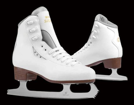 Graf Bolero Figure Ice Skates, white leather, sturdy blades, beginner figure skates.