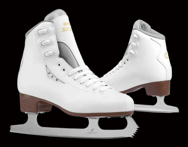 Graf Bolero Figure Ice Skates, white leather, sturdy blades, beginner figure skates.