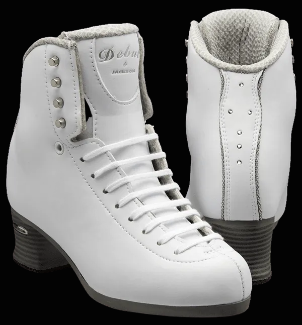 Jackson Debut FS2450 White figure skates with firm support, Swarovski crystals, and non-slip sole.