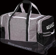A Sherwood branded hockey player's Wheeled Kit bag with wheels and black and gray color scheme.