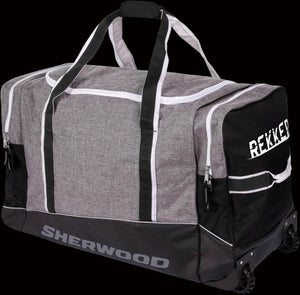 A Sherwood branded hockey player's Wheeled Kit bag with wheels and black and gray color scheme.