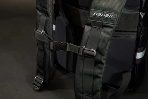 Back view of Bauer Tactical Backpack highlighting padded shoulder straps and sternum strap.