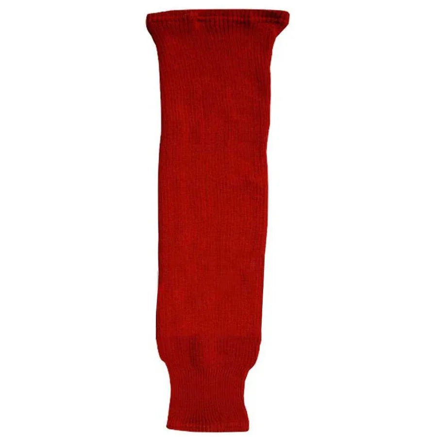 Red knitted hockey sock made from durable polyester with elasticized ankle hold.