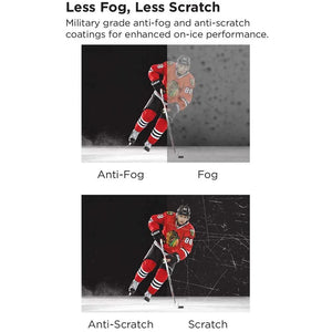Hockey player demonstrating the anti-fog and anti-scratch features of the Bauer Pro Straight Visor.