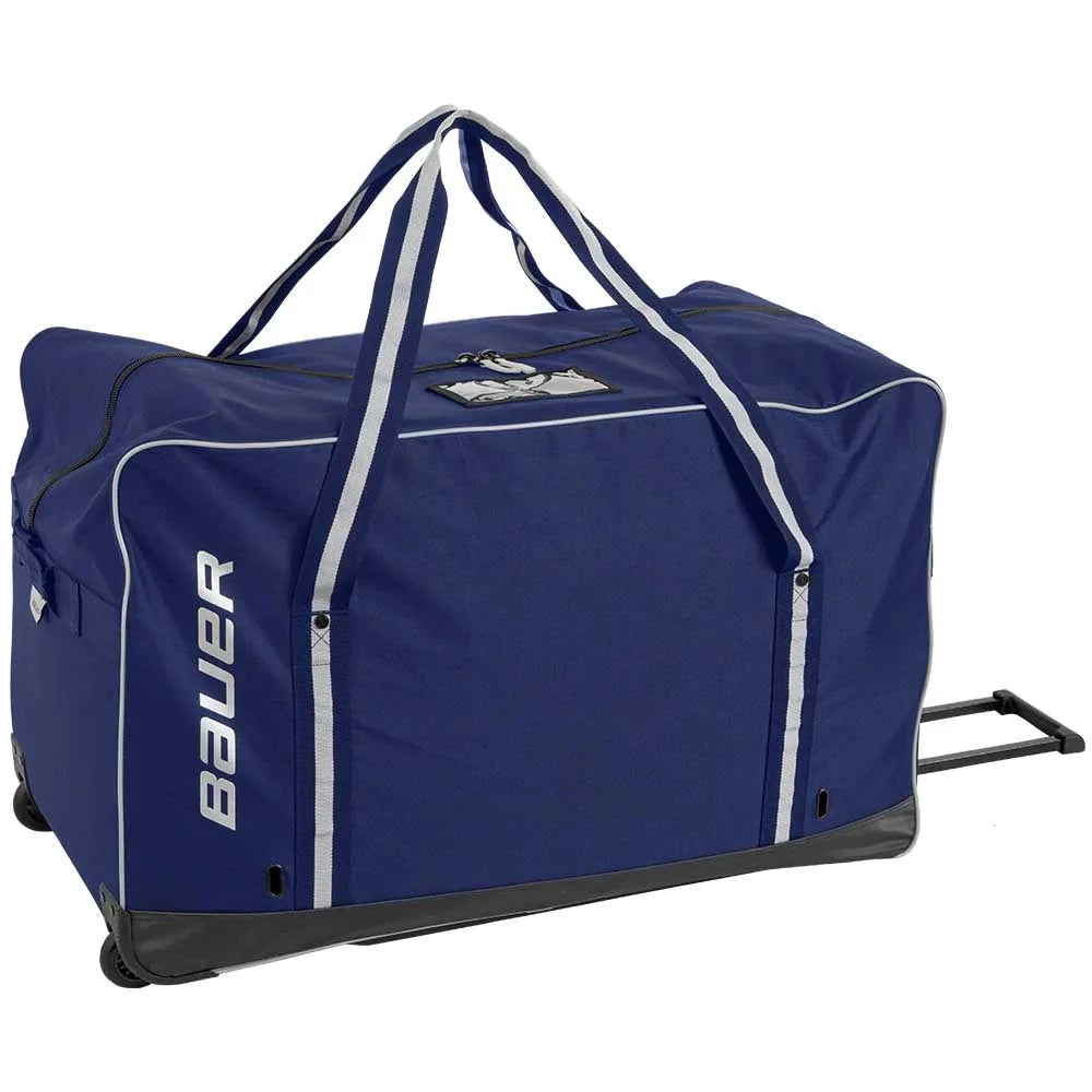 Bauer Core Wheeled Bag made from durable 600D poly with ample space and ventilation for hockey gear.