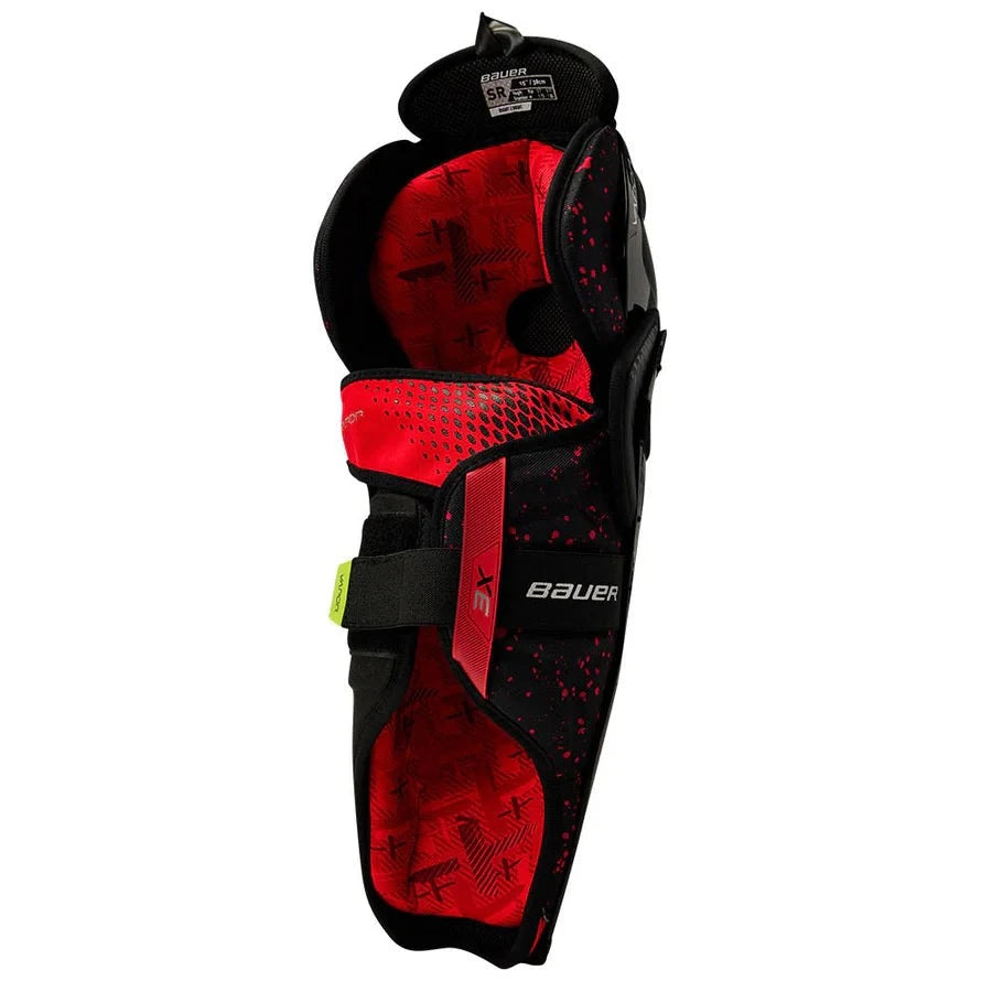 Bauer 3X Shin pads with X-Lite Shield cap, Comfort Lock strap, and THERMOMAX liner.