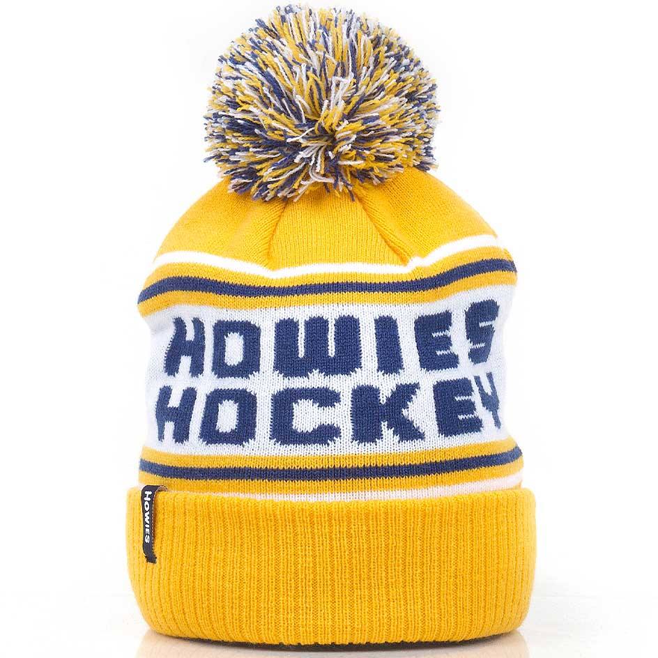 Howies Retro Winter Beanie in yellow with pom-pom and logo design.