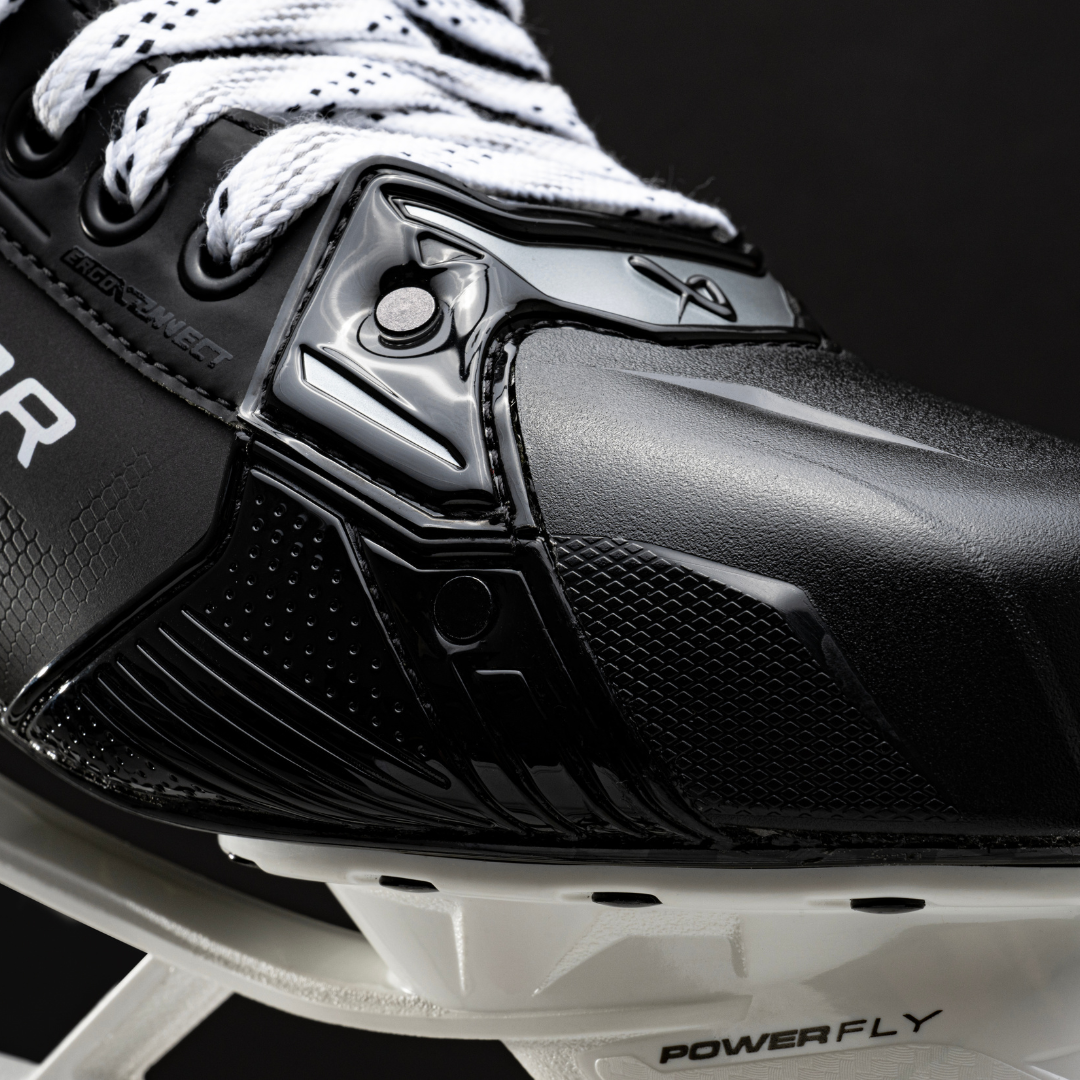 Bauer Supreme Shadow Ice Hockey Skate with POWERFLY Holder and Carbon CONNECT Outsole featuring close-up design details.