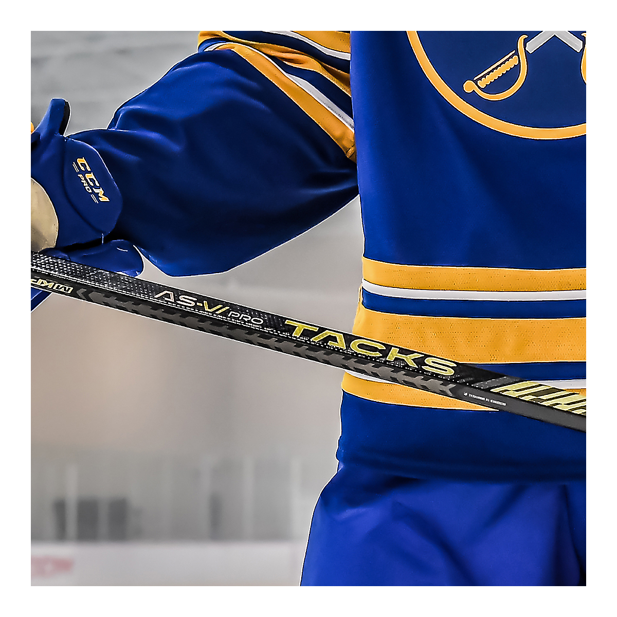 CCM Tacks AS6 Pro Hockey Stick in action on ice rink.