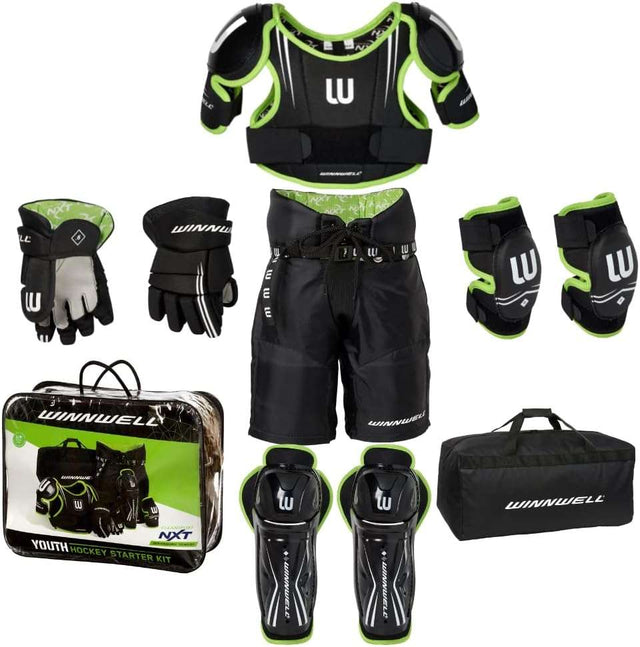 Winnwell Starter Kit for youth ice hockey with protective gear and odour control, sizes small to large.