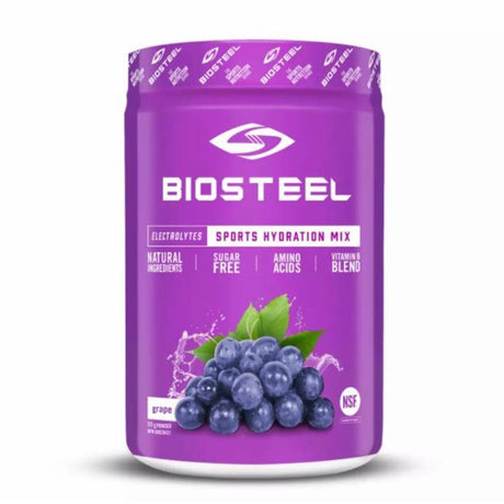 BioSteel Sports Hydration Mix Tub in grape flavor, sugar-free sports drink with natural ingredients.