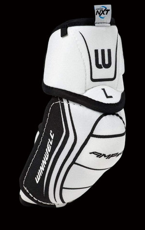 A Winnwell AMP500 Senior Elbow Pad featuring a black and white color scheme with straps and branding on the exterior.