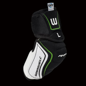 A black, white, and green Winnwell AMP700 elbow pad with a visible logo and the model name on the strap.