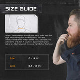 Size guide for AEGIS Interceptor Neck Guard with measurement instructions and S/M, L/XL sizes.