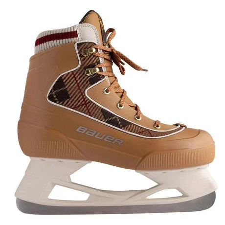 Bauer Chamonix Lifestyle Skates with sherpa-lined interior and plaid design, featuring synthetic leather overlay and pre-sharpened blades.