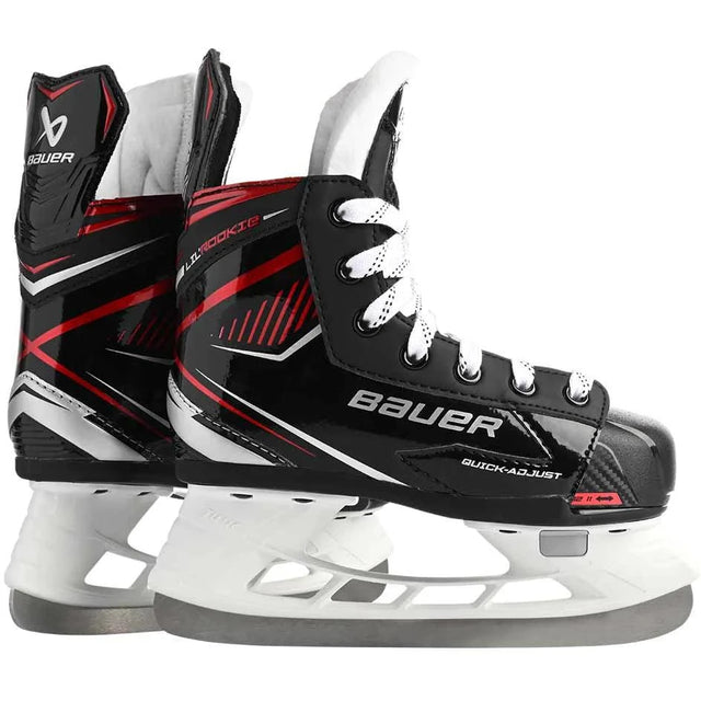 Bauer Lil' Rookie Adjustable Ice Hockey Skates for beginners in black and red design.